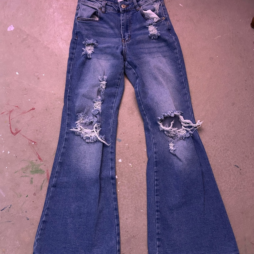 Rue21 Blue Flare Wide Leg Jeans with Distressed Details
